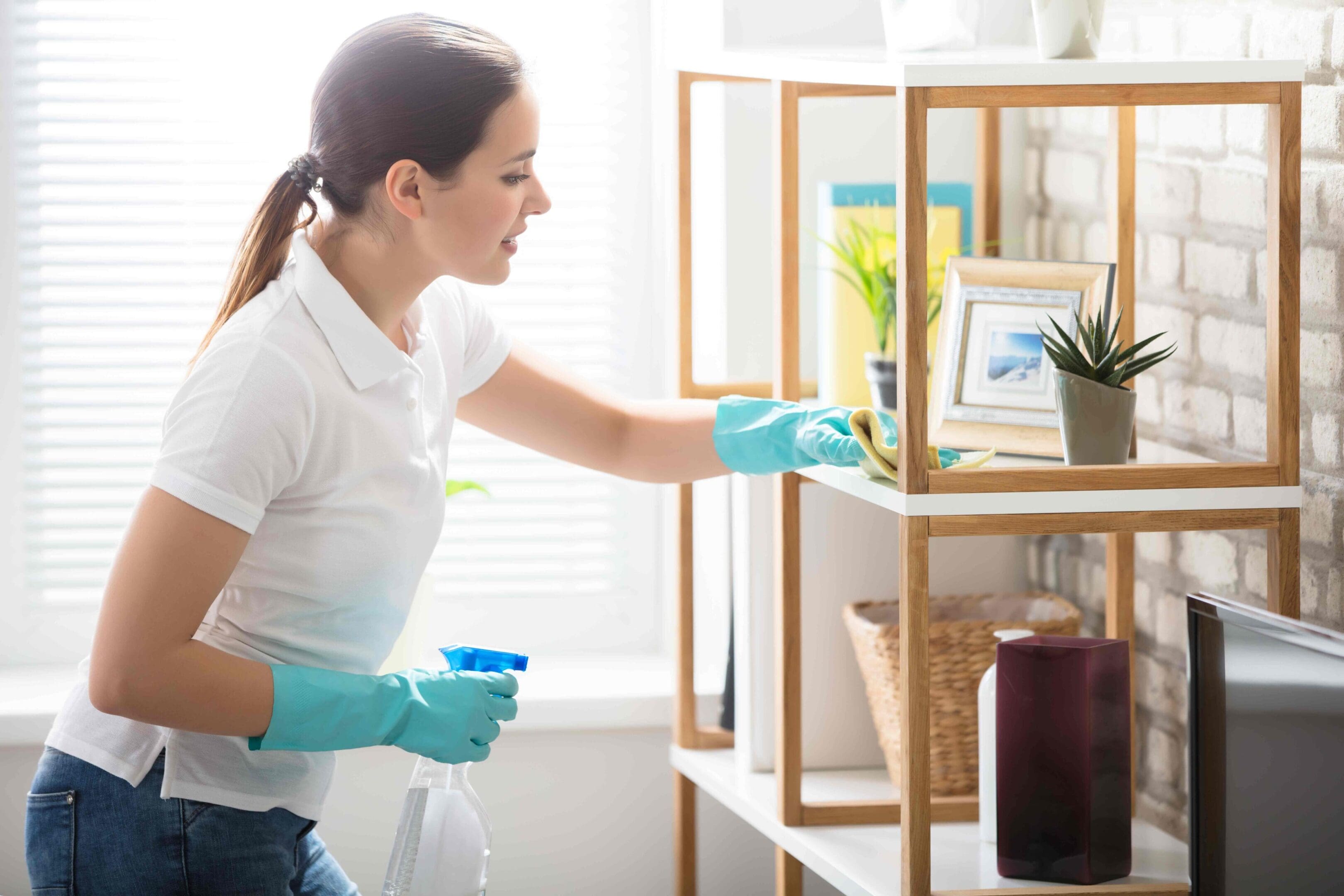 Young Woman Cleaning The Wooden Shelf In Living Room