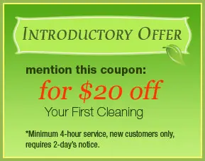 A coupon for $ 2 0 off your first cleaning.